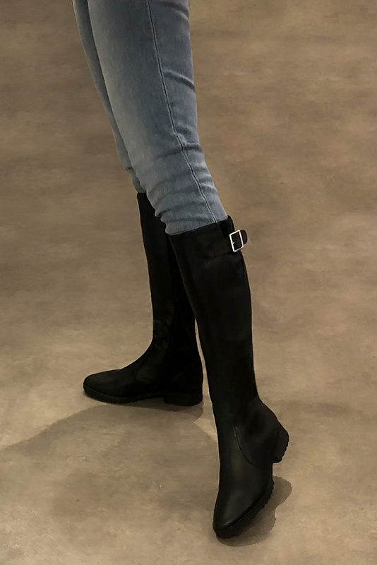Satin black women's knee-high boots with buckles. Round toe. Flat rubber soles. Made to measure. Worn view - Florence KOOIJMAN